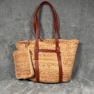 Haute Hippie Woven Jute Tote Shoulder Bag Purse Leather Straps and Pouch NWOT